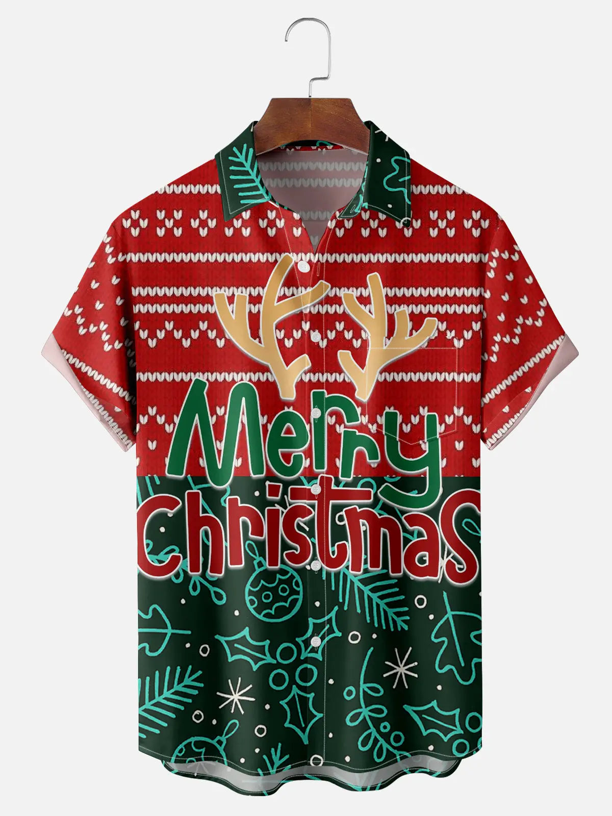 Merry Christmas Reindeer Antlers Short Sleeve Shirt, mens short sleeve shirts??¡ìo?big and tall mens shirts??¡ìo?short sleeve shirts for men??¡ìo?mens 4xl shirts??¡ìo?casual short sleeve shirts
