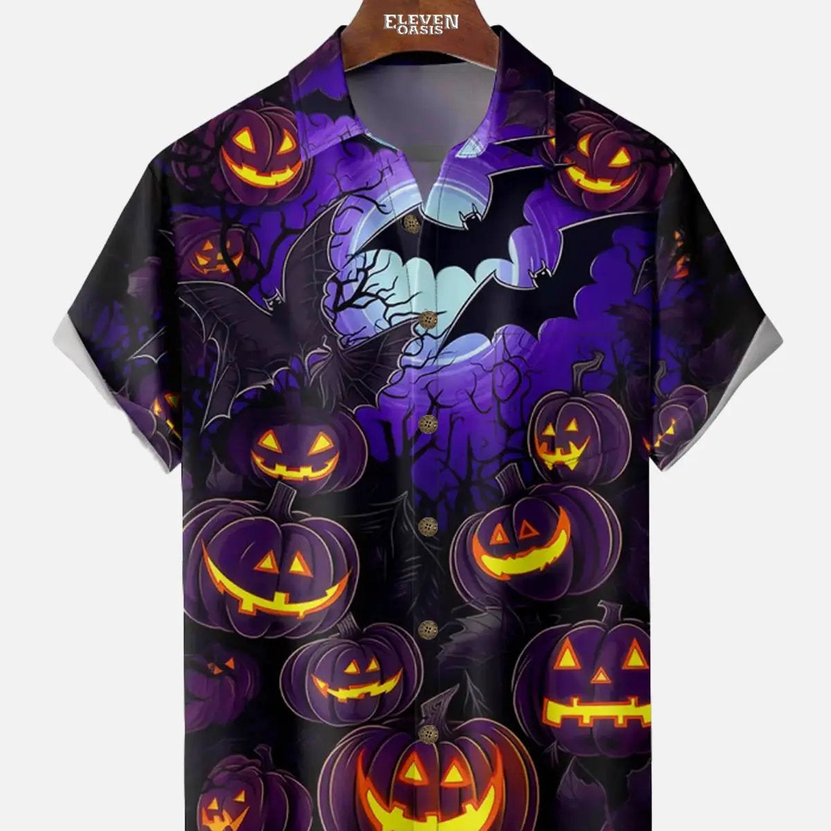Men's Jack-O'-Lantern Bat Moon Short Sleeve Shirt ElevenOasis