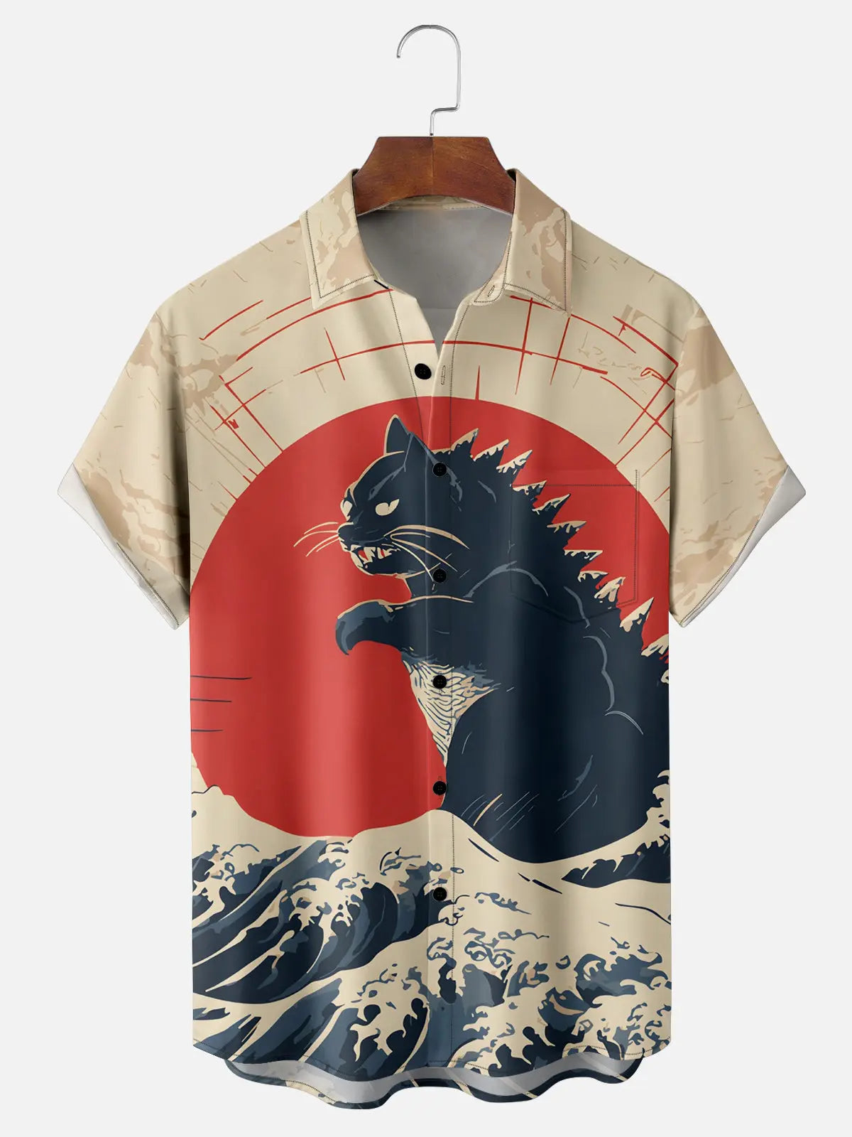 Men's Japan-Inspired Catzilla Meowzilla Cat Dinosaur Short Sleeve ShirtMens short sleeve shirts Big and tall Mens shirts Short sleeve shirts for men Mens 4xl shirts Casual short sleeve shirts