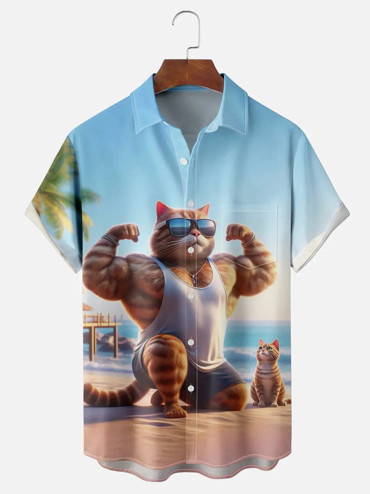 Buff Chad Ginger Cat Showing Off on the Beach Short Sleeve Shirt, mens short sleeve shirts?¨º?big and tall mens shirts?¨º?short sleeve shirts for men?¨º?mens 4xl shirts?¨º?casual short sleeve shirts