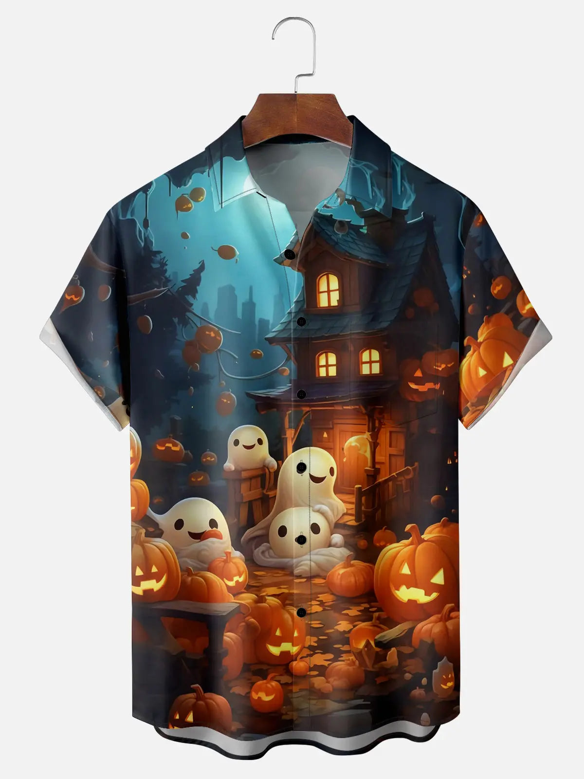 Men's Halloween Pumpkins and Cute Ghosts Short Sleeve ShirtMens short sleeve shirts Big and tall Mens shirts Short sleeve shirts for men Mens 4xl shirts Casual short sleeve shirts