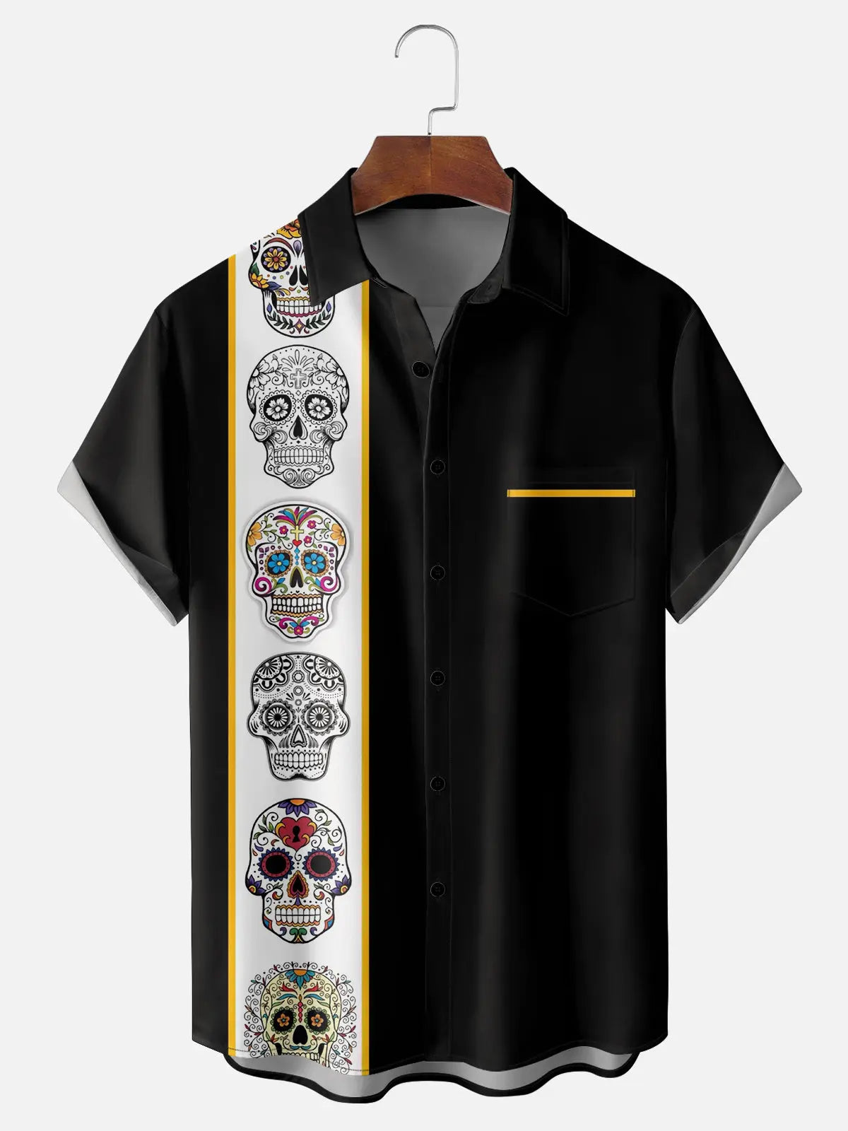 Men's Sugar Skulls Striped Bowling Short Sleeve Shirt, mens short sleeve shirts?¡§o?big and tall mens shirts?¡§o?short sleeve shirts for men?¡§o?mens 4xl shirts?¡§o?casual short sleeve shirts