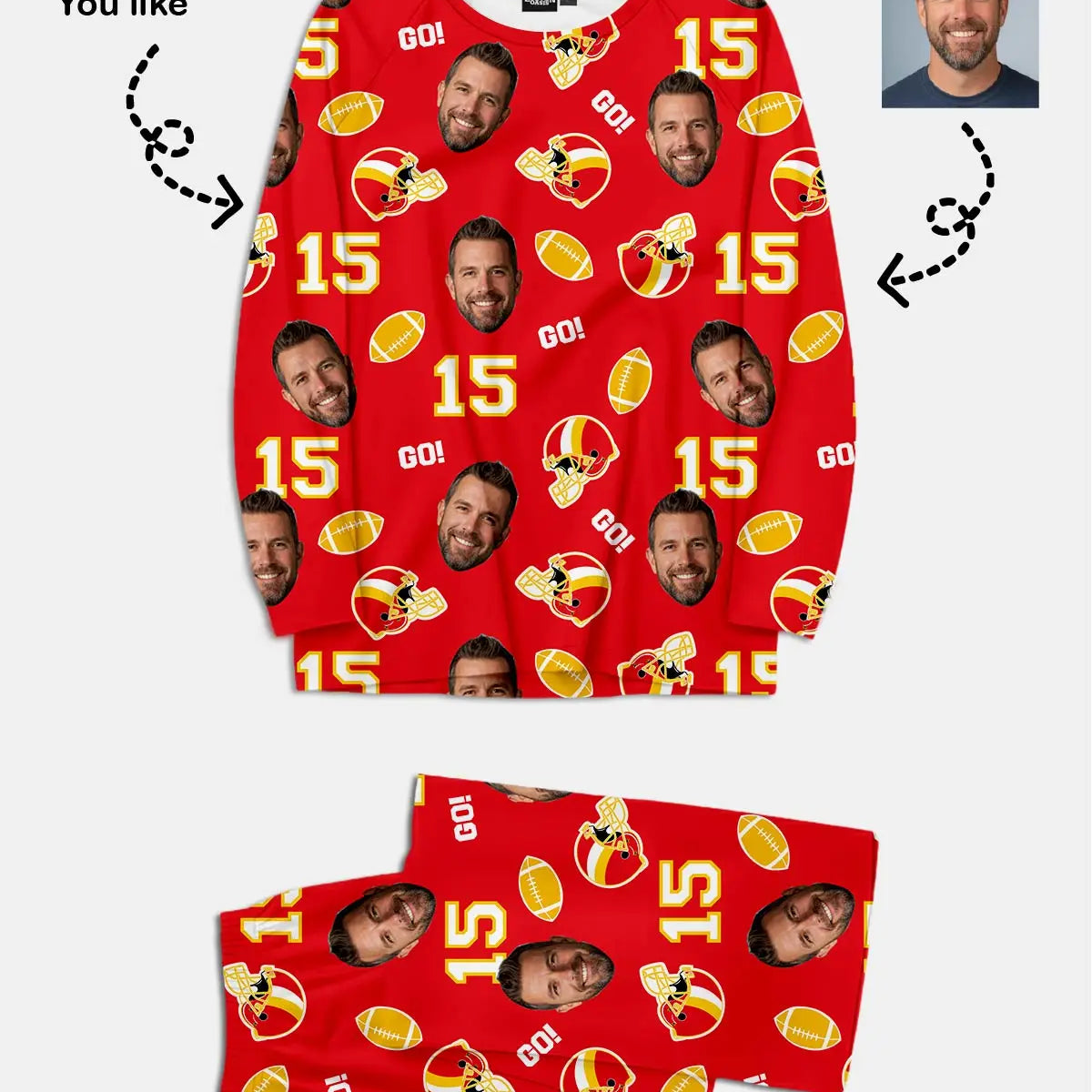 Custom Football Team & Face Pajama Set - Red & Gold Eleven Oasis