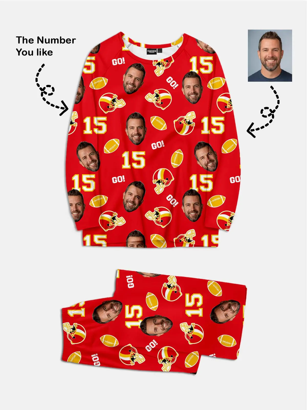 Custom Football Team & Face Pajama Set - Red & Gold Eleven Oasis