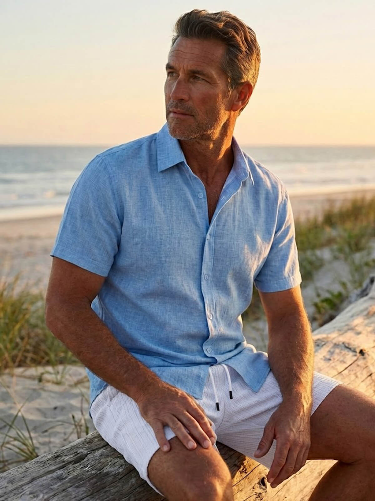 Men's Tonal Button Linen-Blend Short Sleeve Shirt Eleven Oasis