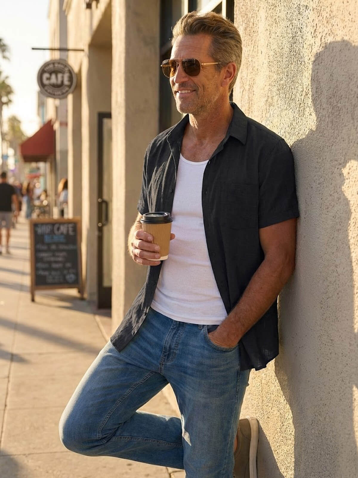 Men's Tonal Button Linen-Blend Short Sleeve Shirt Eleven Oasis