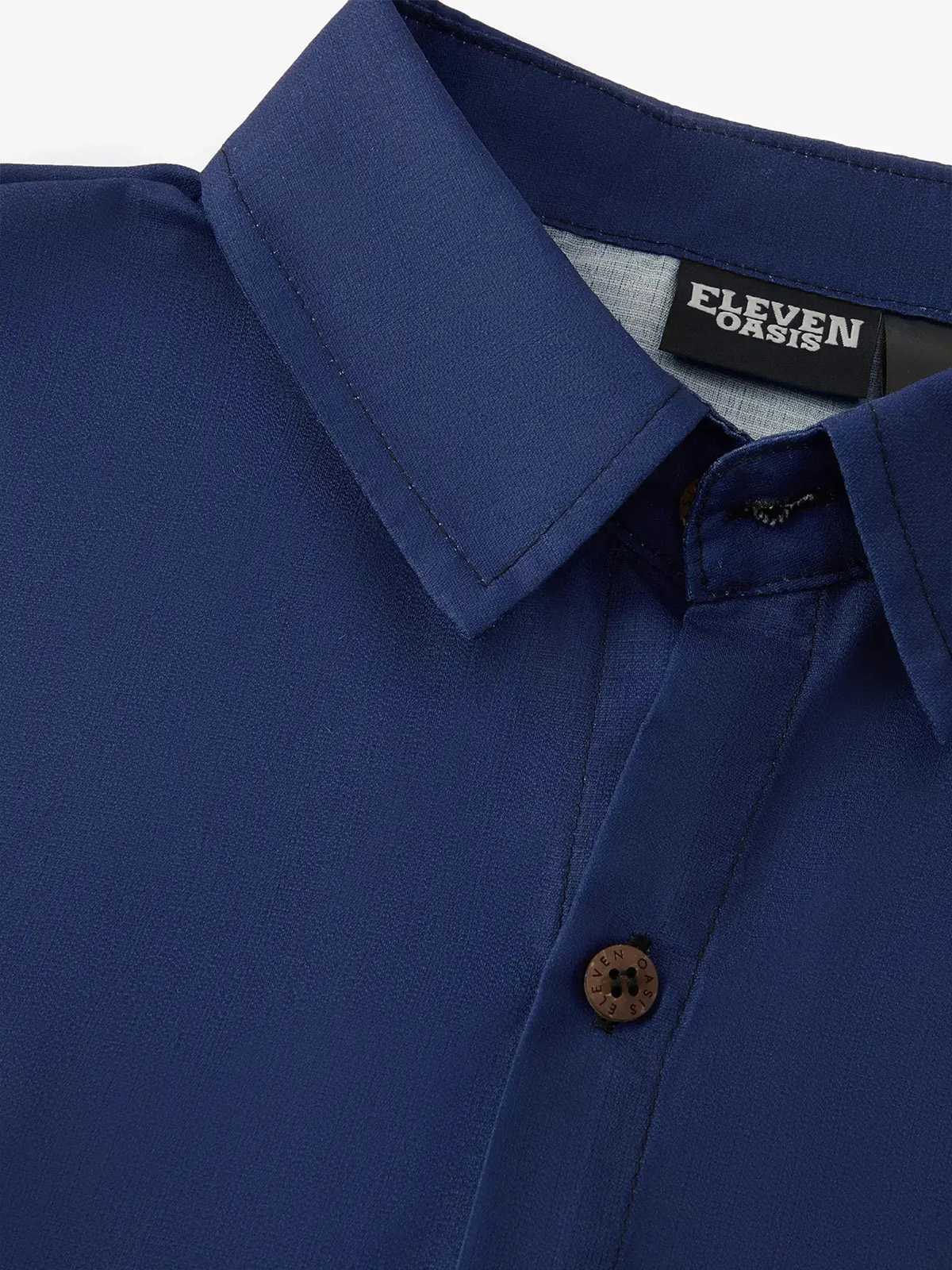 Men's Casual Linen-Feel Printed Solid Color Button Short Sleeve Shirt ElevenOasis