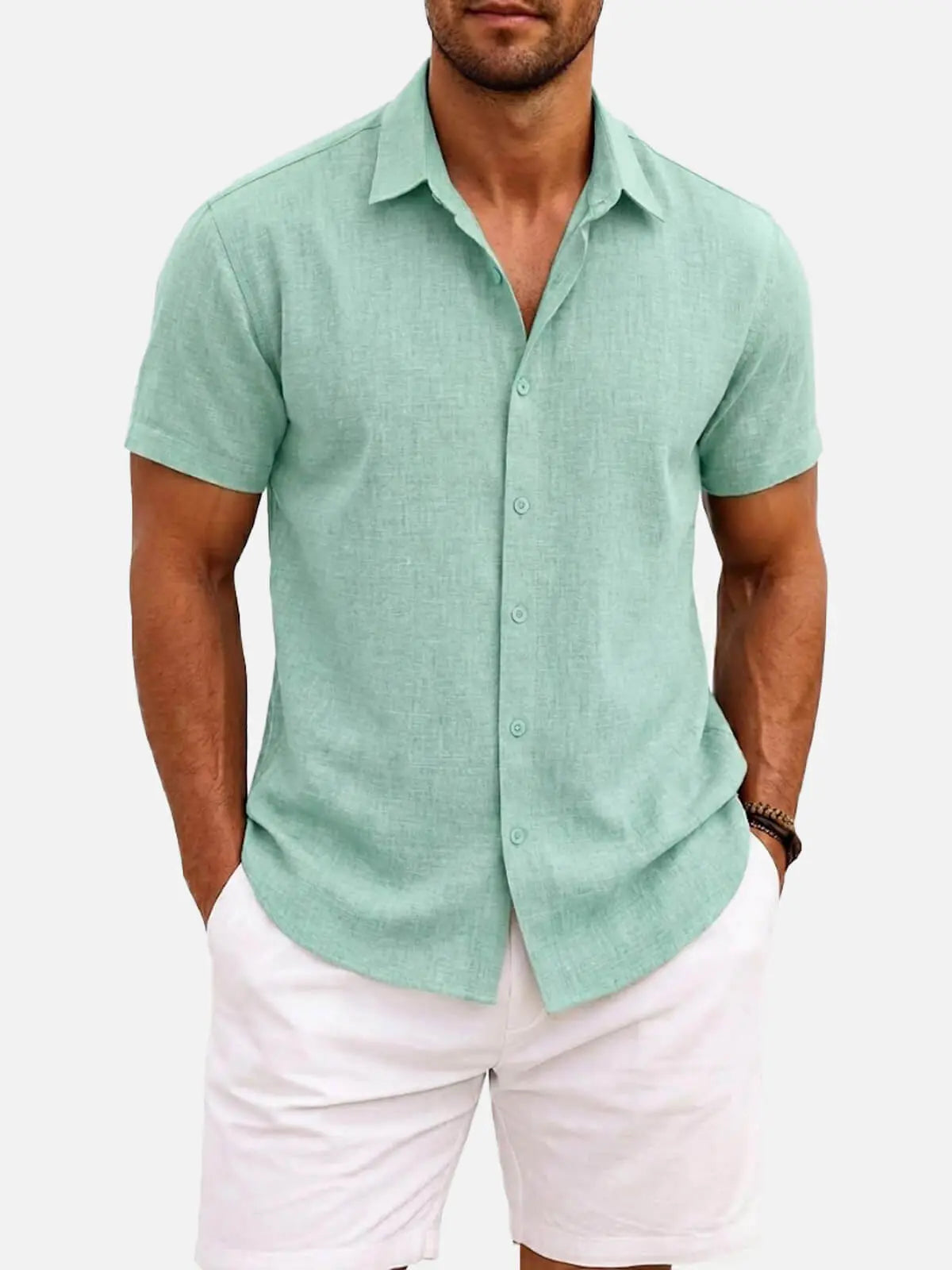 Men's Tonal Button Linen-Blend Short Sleeve Shirt ElevenOasis