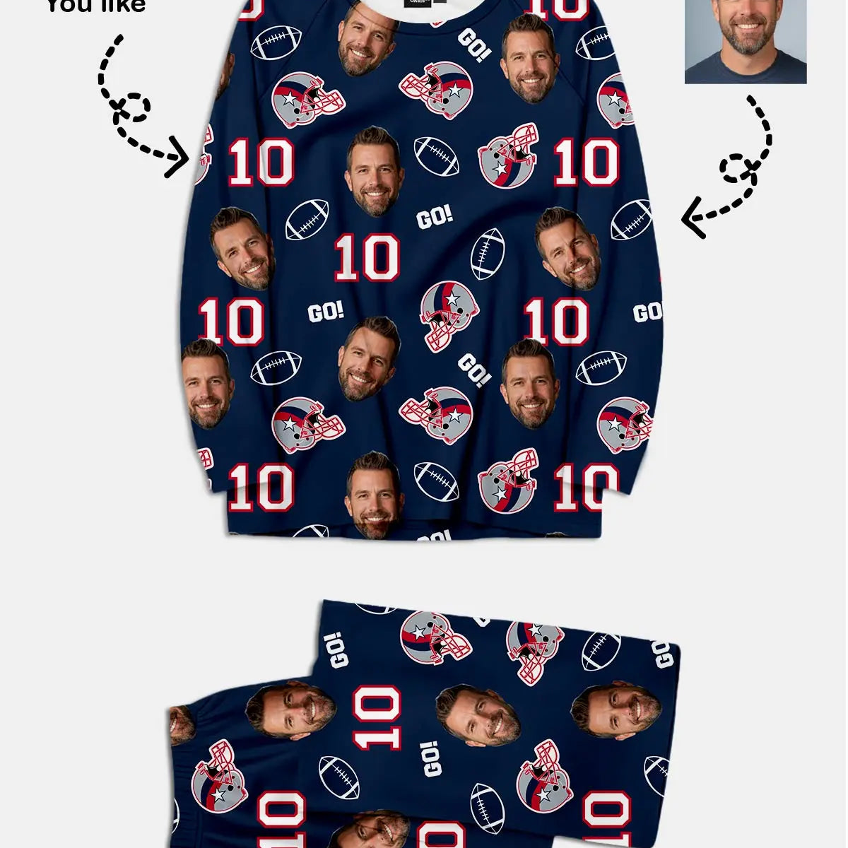 Custom Football Team & Face Pajama Set - New England Navy & Red Eleven Oasis
