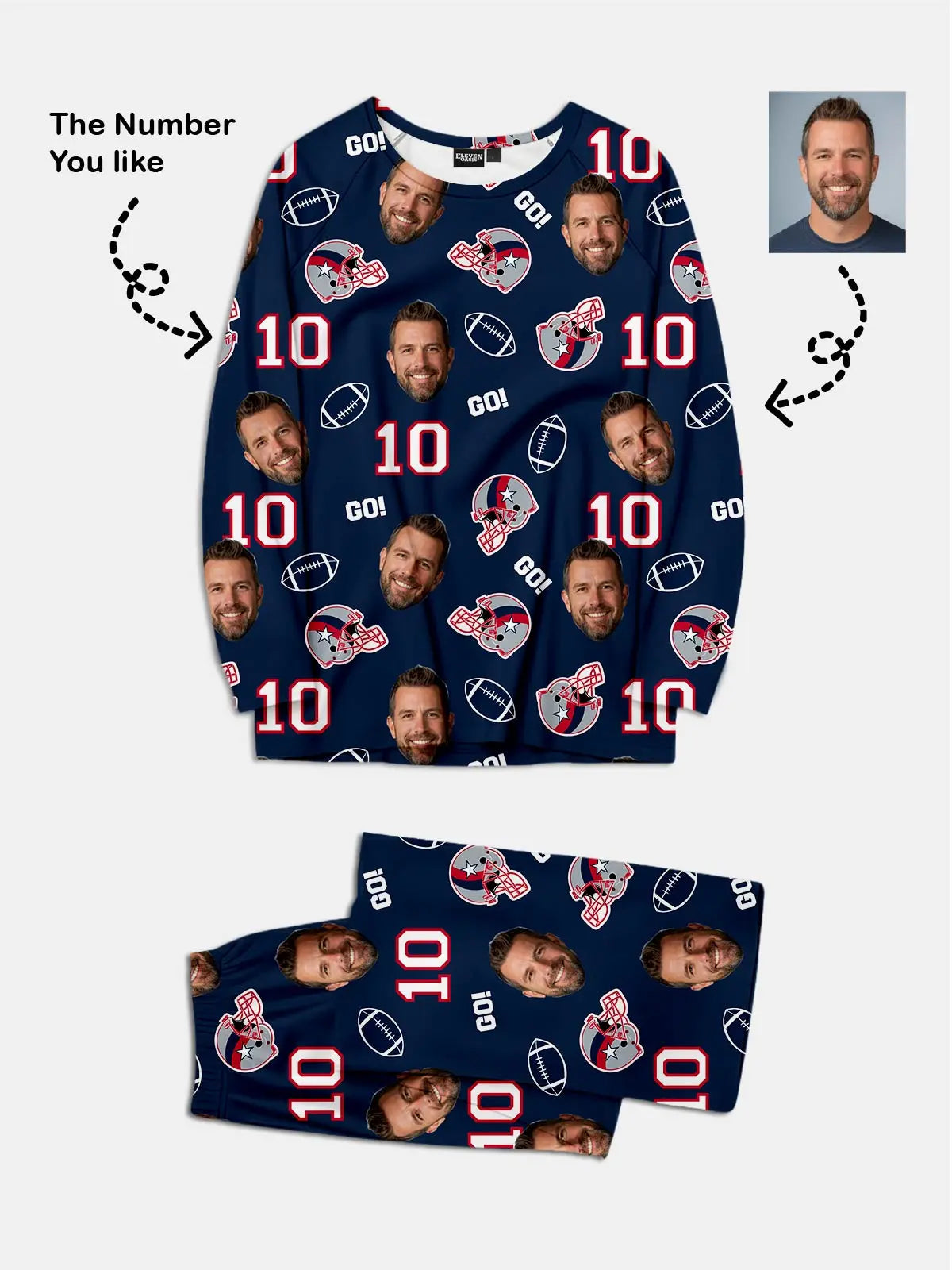 Custom Football Team & Face Pajama Set - New England Navy & Red Eleven Oasis