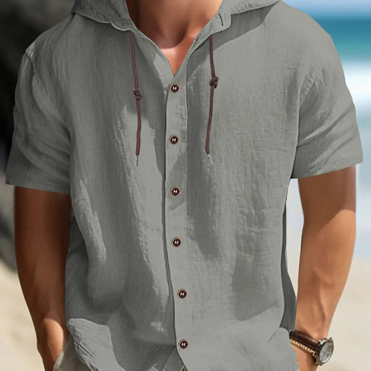Men's Linen Blend Hooded Short Sleeve Shirt ElevenOasis
