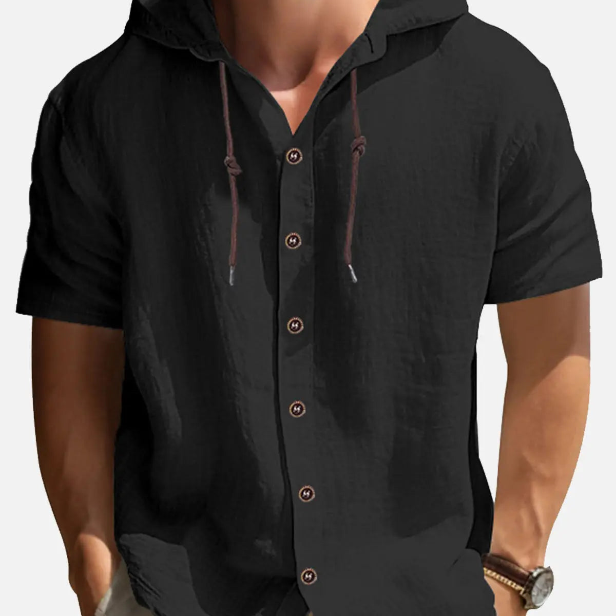 Men's Linen Blend Hooded Short Sleeve Shirt ElevenOasis