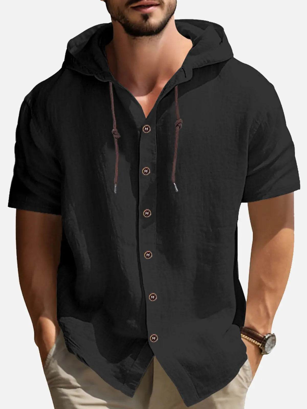 Men's Linen Blend Hooded Short Sleeve Shirt ElevenOasis