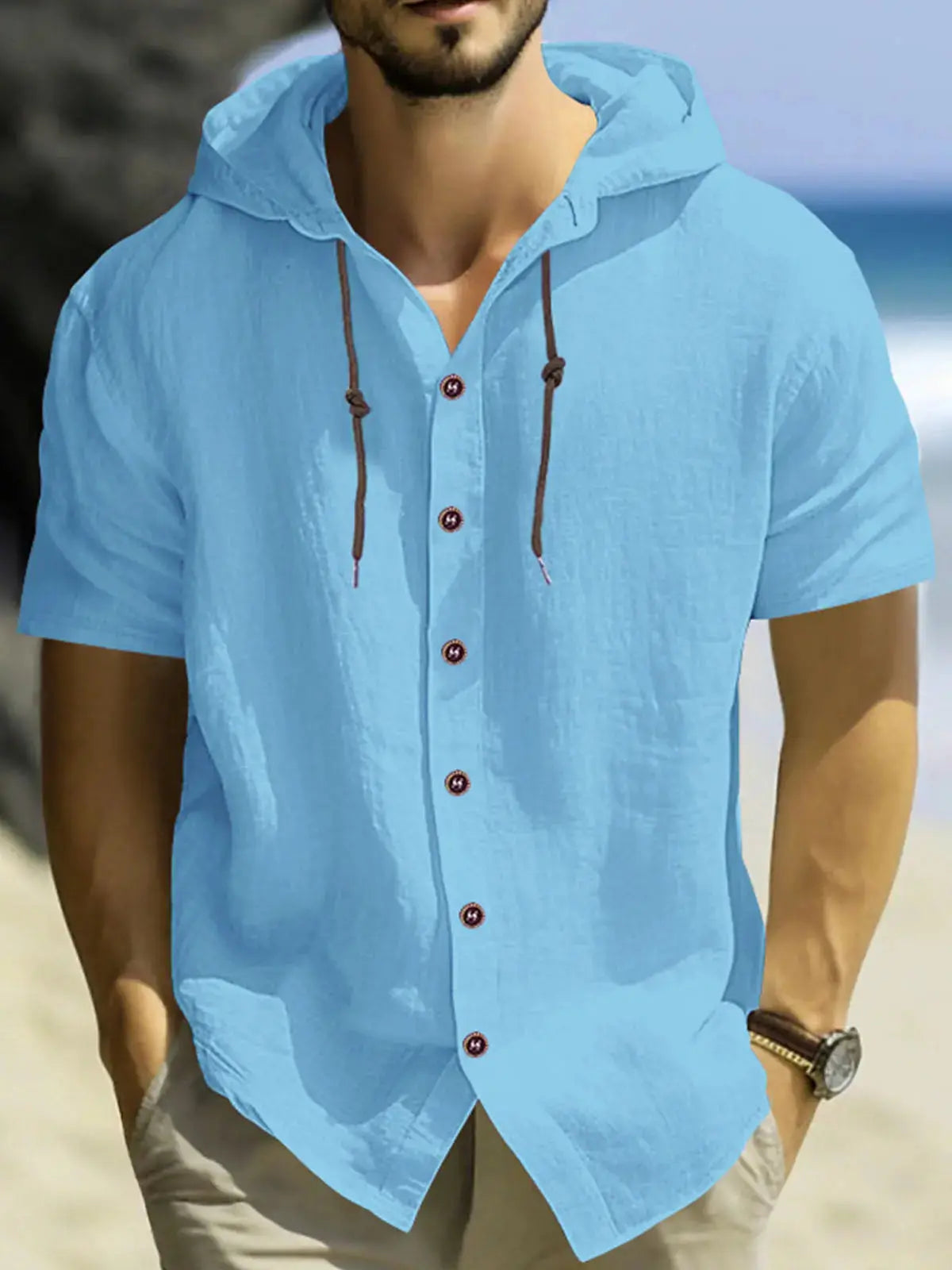 Men's Linen Blend Hooded Short Sleeve Shirt ElevenOasis