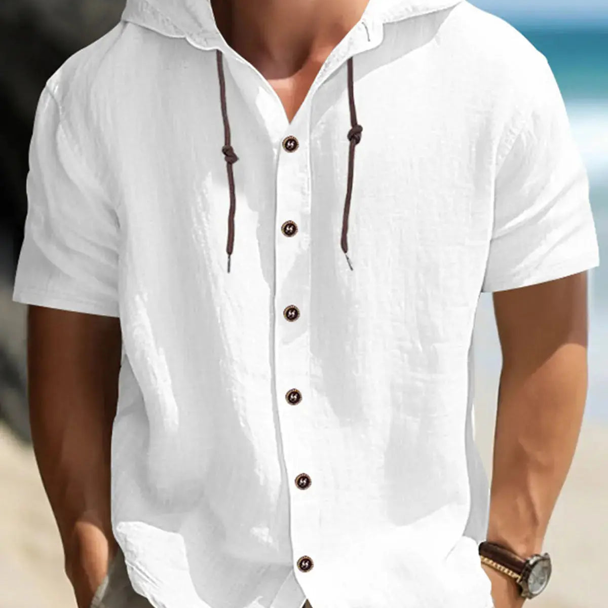 Men's Linen Blend Hooded Short Sleeve Shirt ElevenOasis
