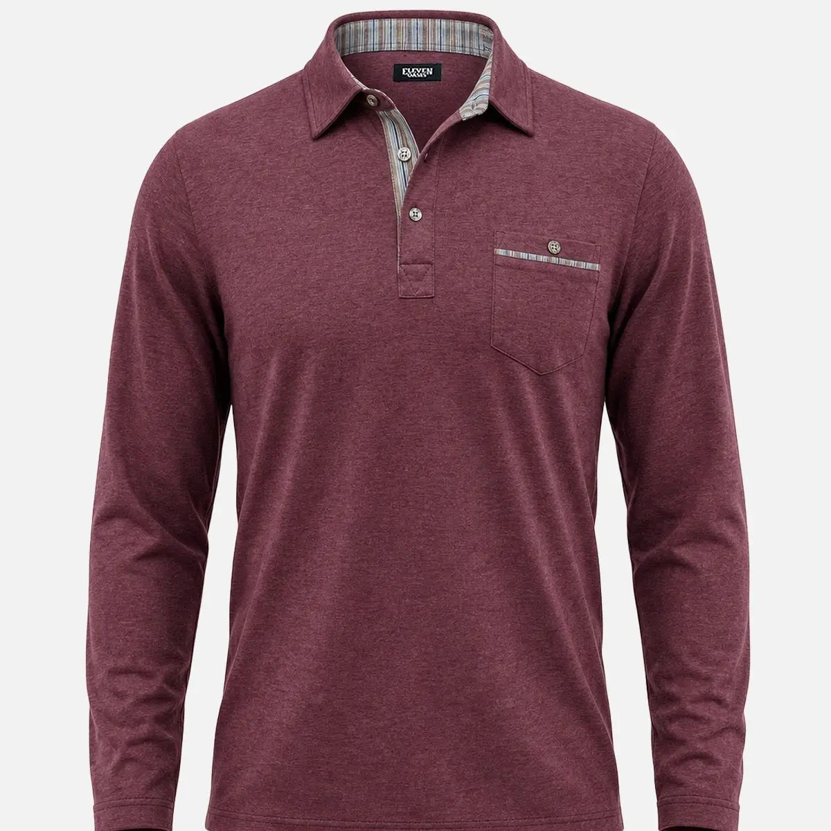 Men's Striped Trim Pocket Long Sleeve Polo Shirt Eleven Oasis