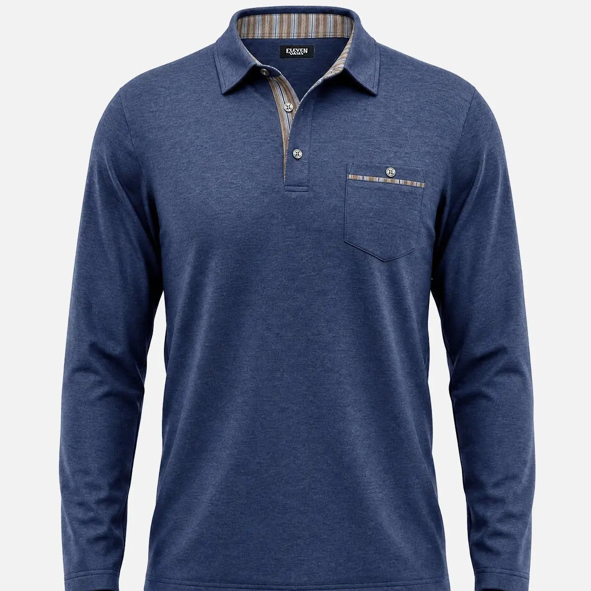 Men's Striped Trim Pocket Long Sleeve Polo Shirt Eleven Oasis