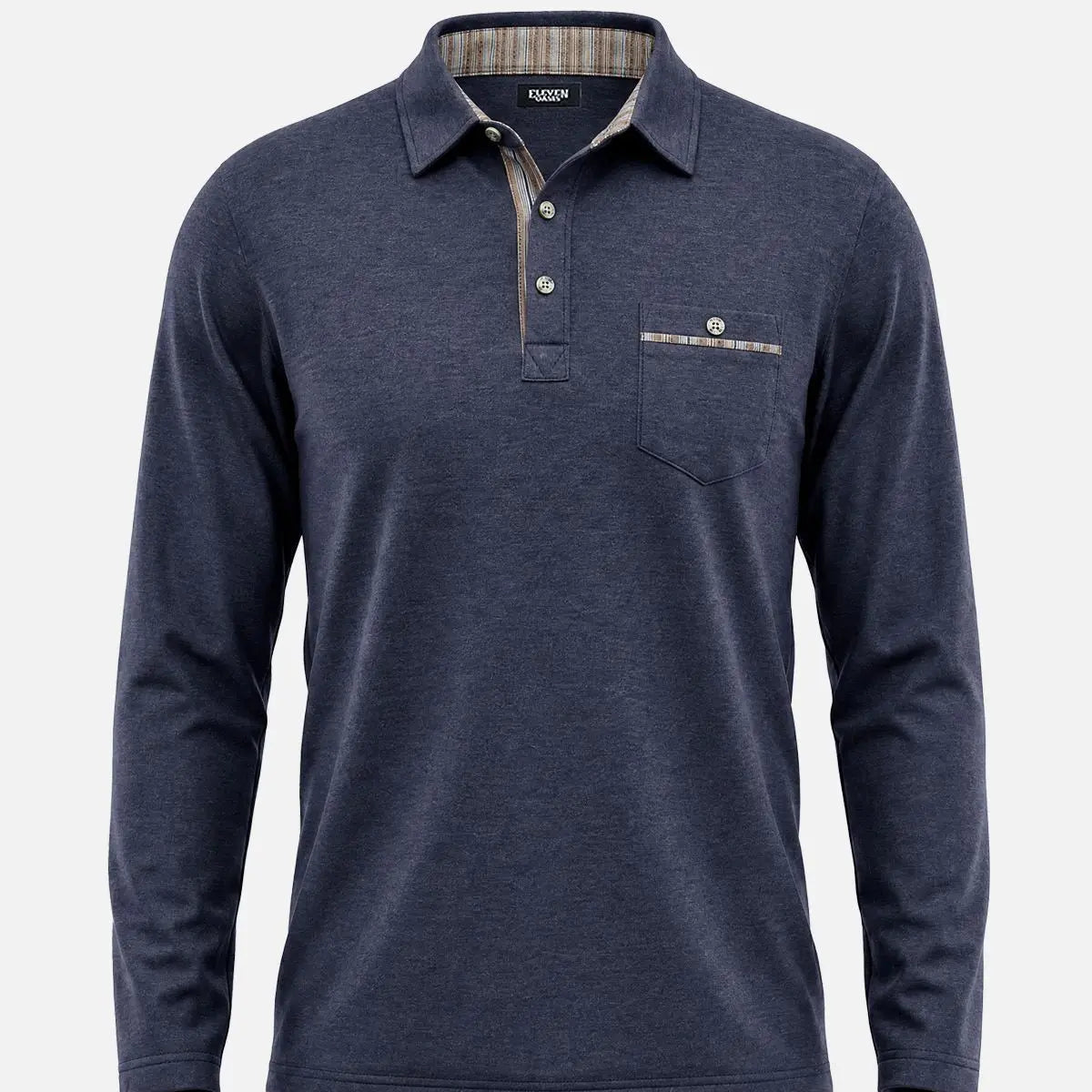 Men's Striped Trim Pocket Long Sleeve Polo Shirt Eleven Oasis