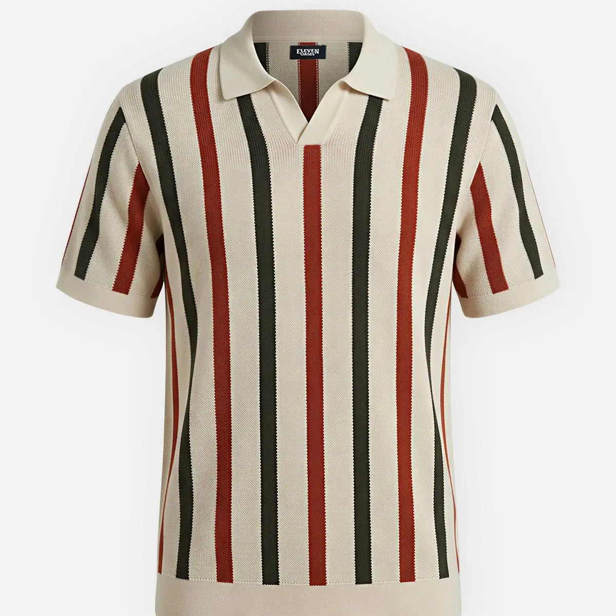 Men's Cream Rust & Olive Stripe Knit Short Sleeve Polo Shirt Eleven Oasis