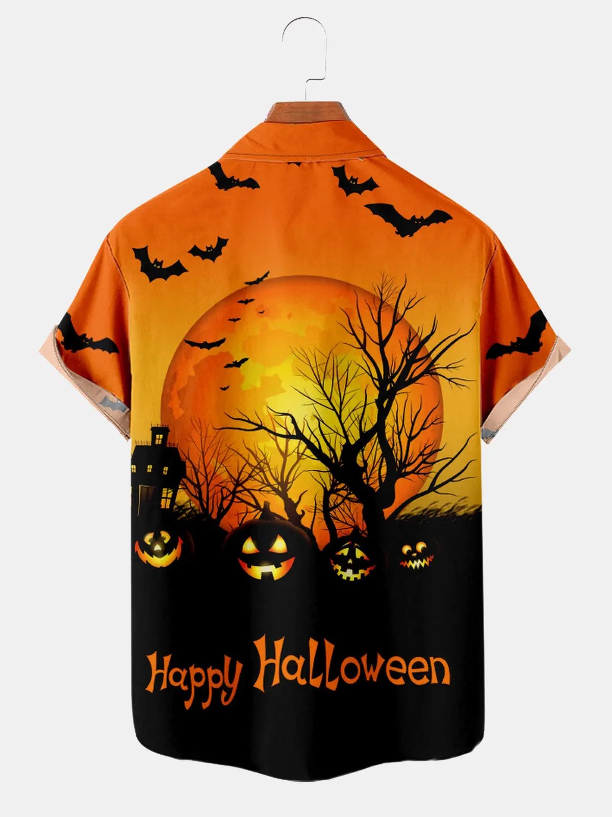 Men's Halloween Moon and Pumpkins Short Sleeve Shirt ElevenOasis