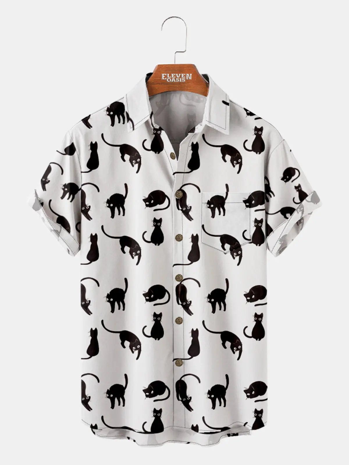 Men's Black Cat Pattern Short Sleeve Shirt ElevenOasis
