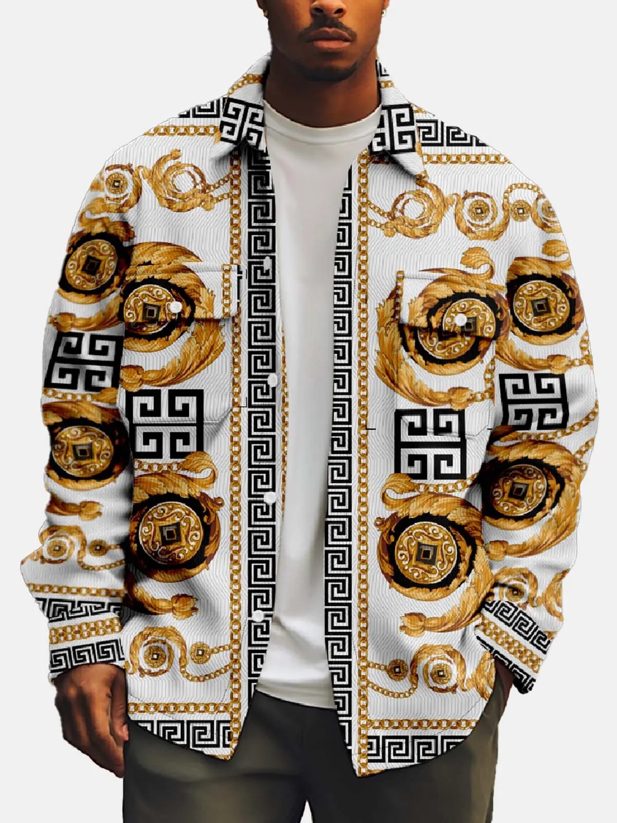 Men's Baroque Chain Pattern Long Sleeve Shirt ElevenOasis