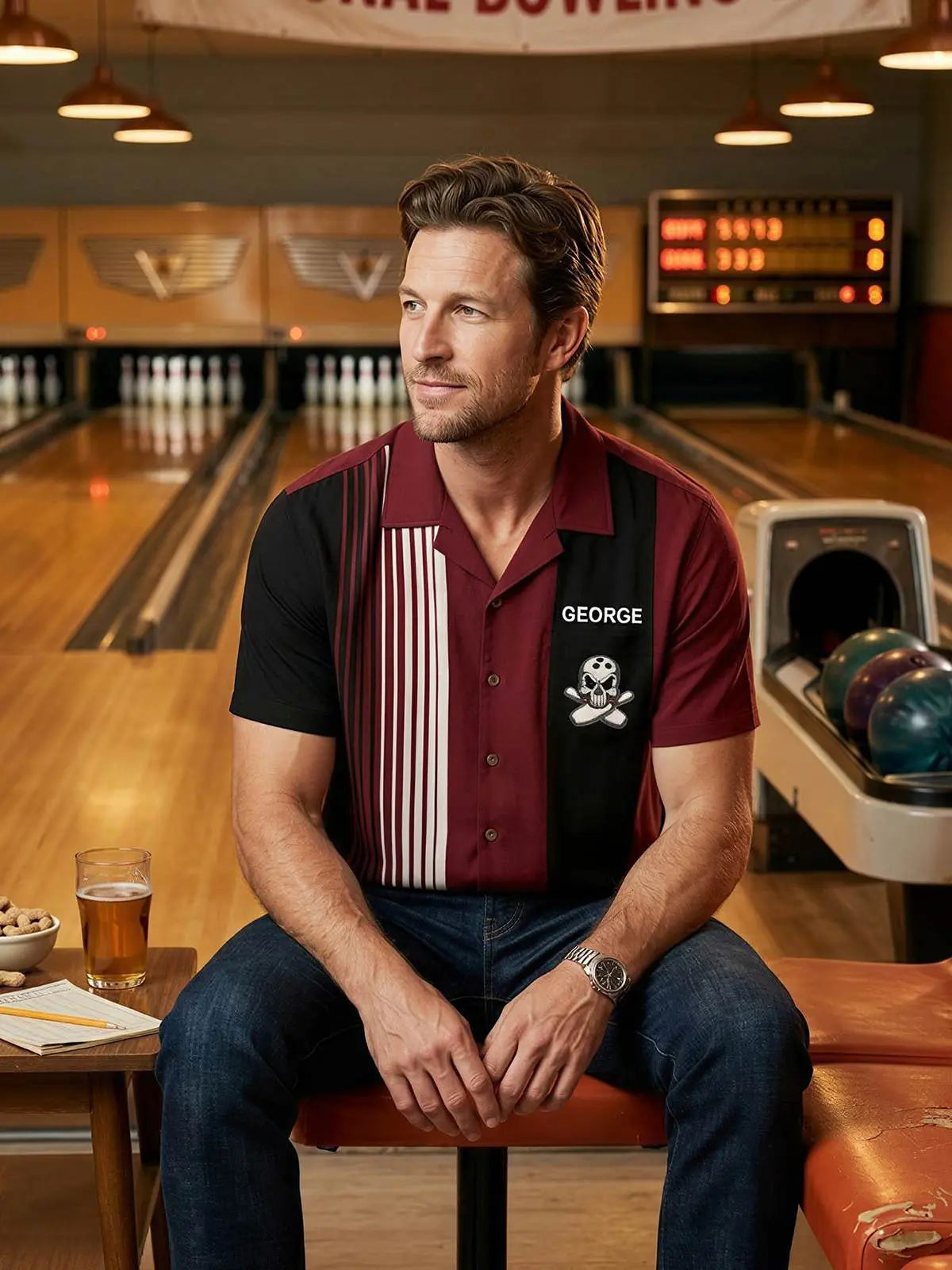 Men's Custom Winged Skull Bowling Short Sleeve Shirt Eleven Oasis