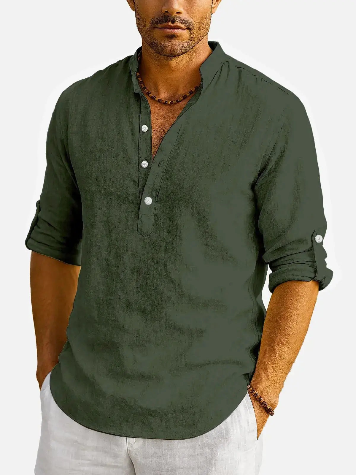 Men's Cotton Stand Collar Long Sleeve Shirt ElevenOasis
