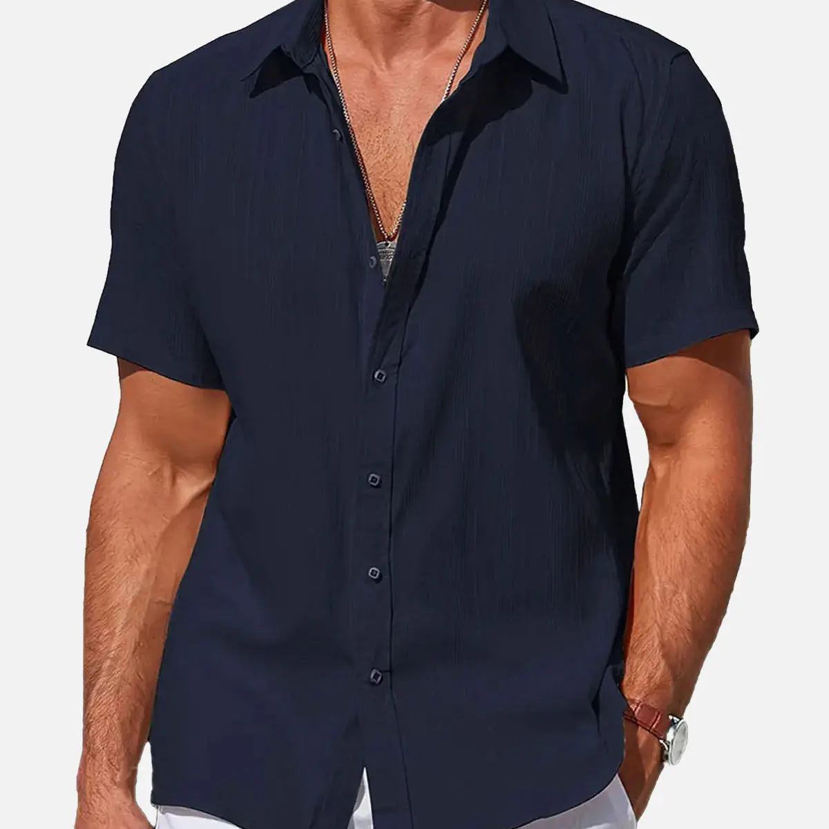 Men's Striped Textured Cotton Short Sleeve Shirt ElevenOasis