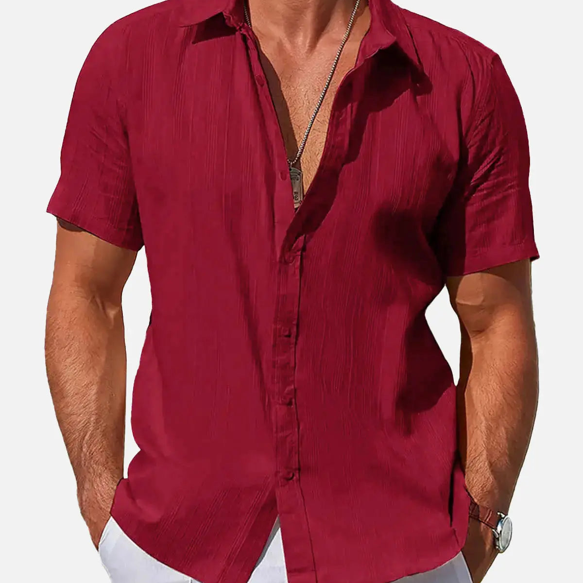 Men's Striped Textured Cotton Short Sleeve Shirt ElevenOasis