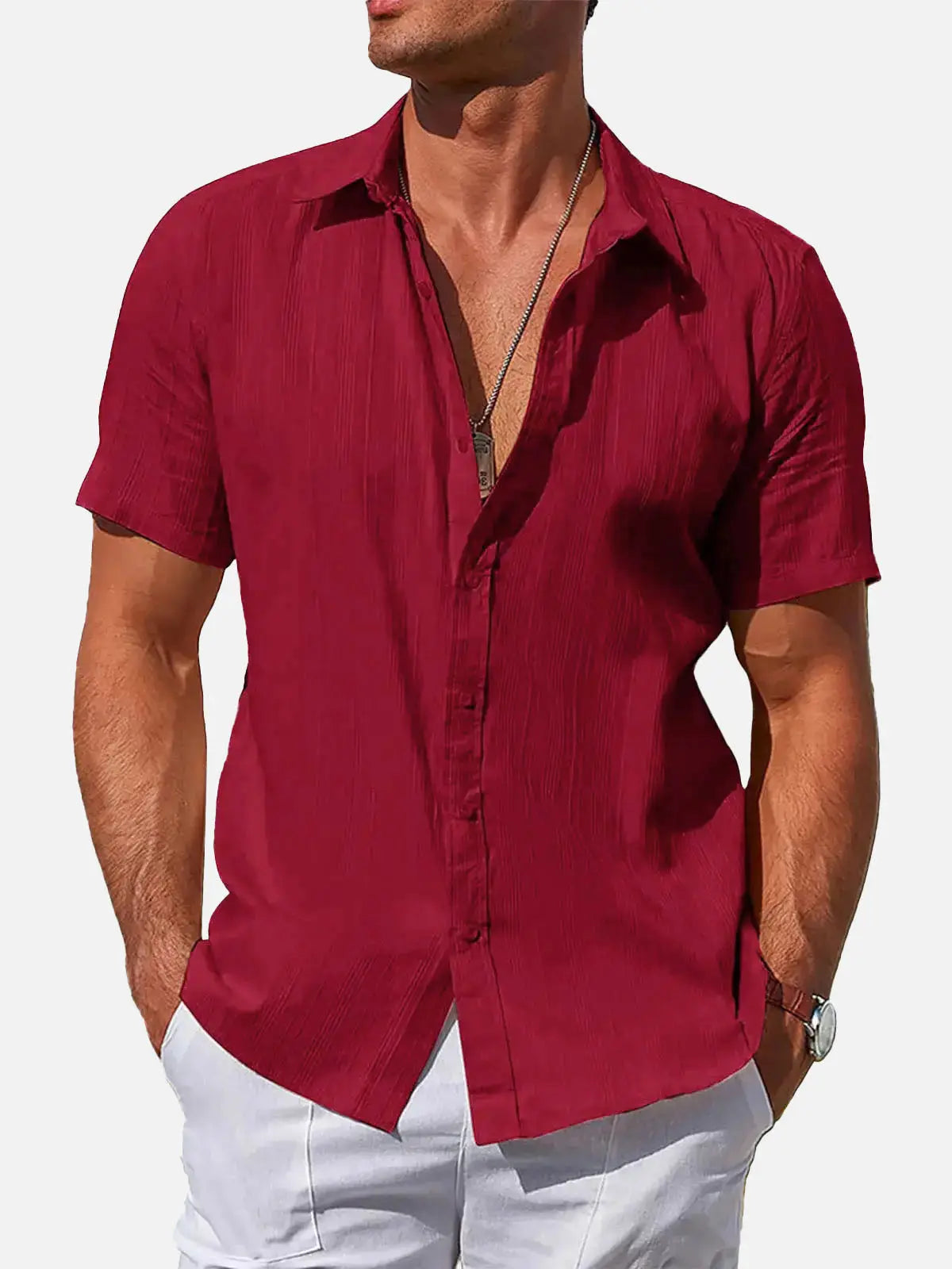 Men's Striped Textured Cotton Short Sleeve Shirt ElevenOasis
