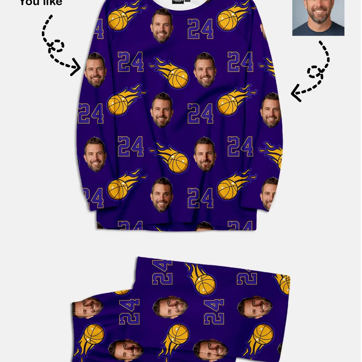 Custom Basketball Team & Face Pajama Set - Purple & Gold Eleven Oasis