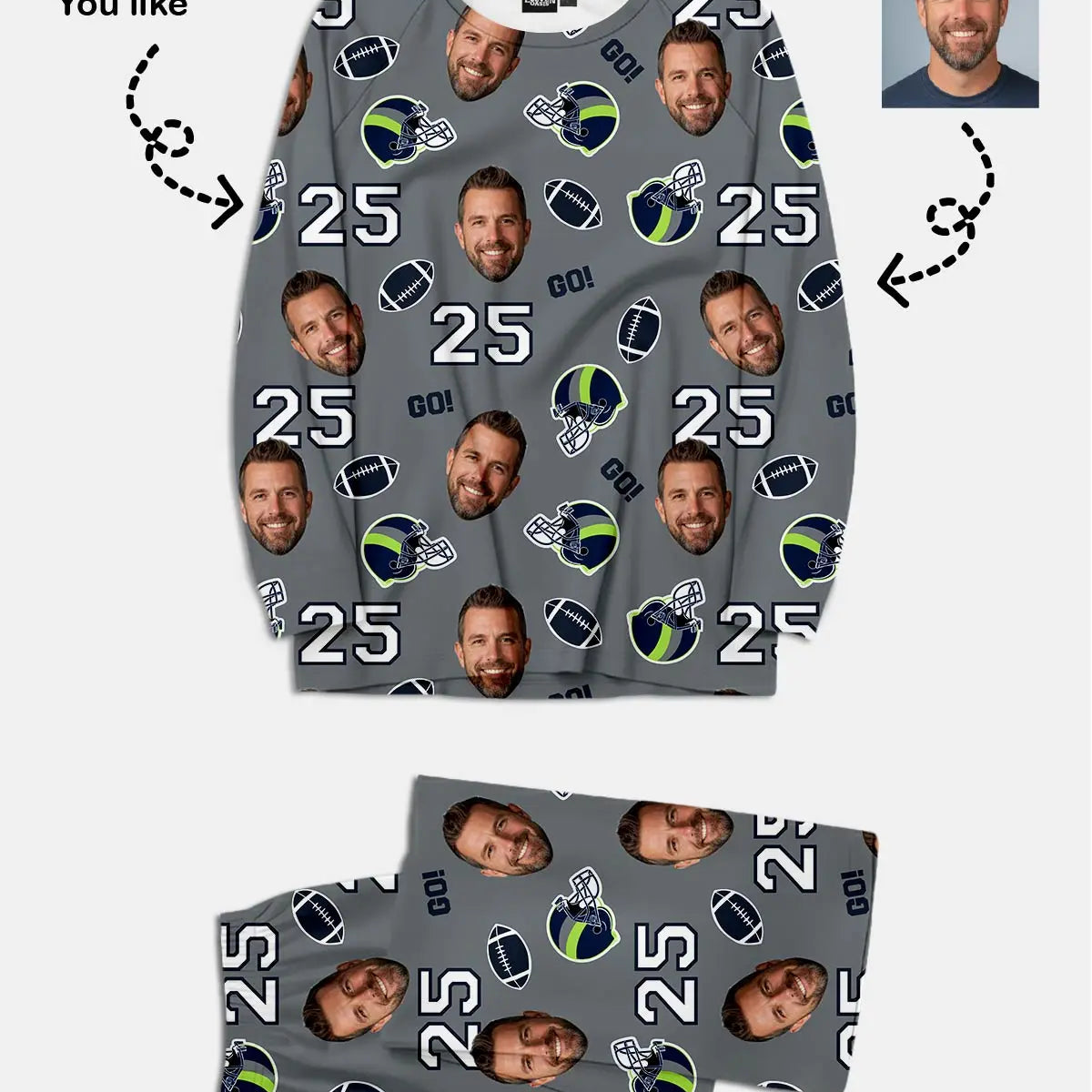 Custom Football Team & Face Pajama Set - Emerald City Blue & Green Eleven Oasis