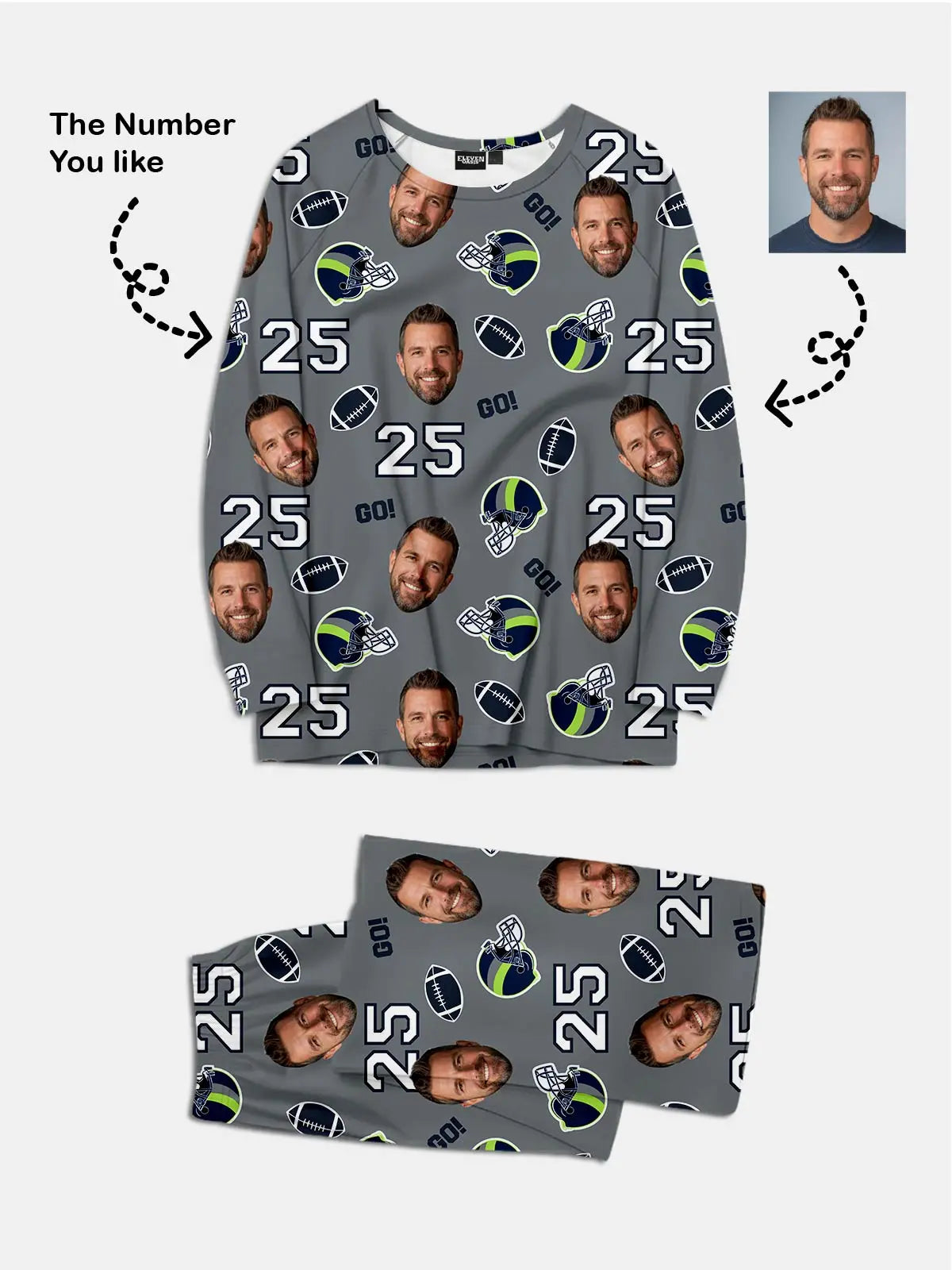 Custom Football Team & Face Pajama Set - Emerald City Blue & Green Eleven Oasis