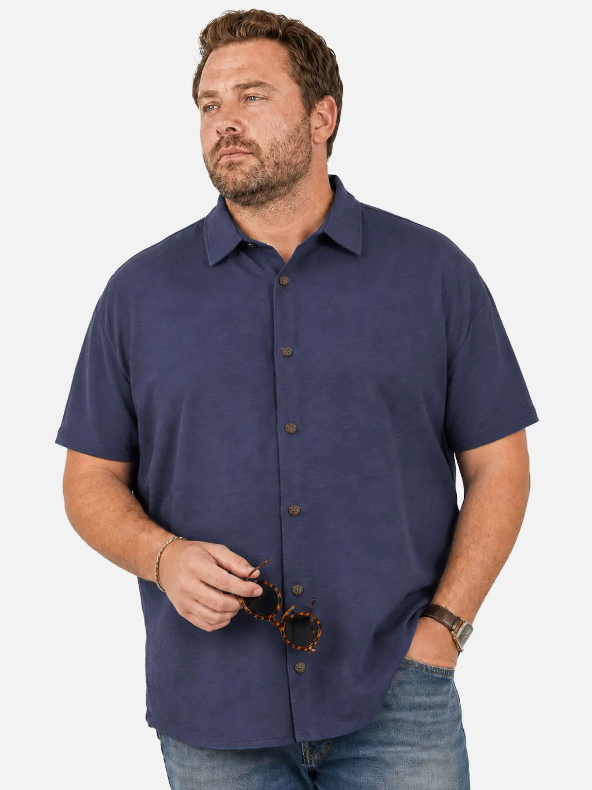 Tall Men's Casual Linen-Feel Printed Solid Color Button Short Sleeve Shirt ElevenOasis