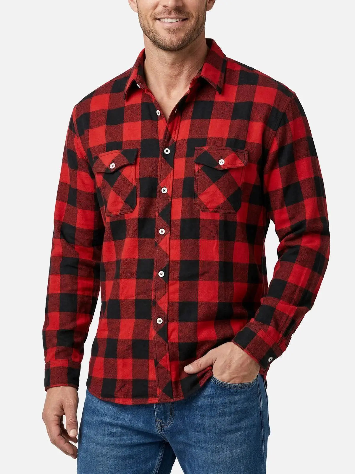 Men's Brushed Buffalo Check Double Pocket Long Sleeve Flannel Shirt Eleven Oasis