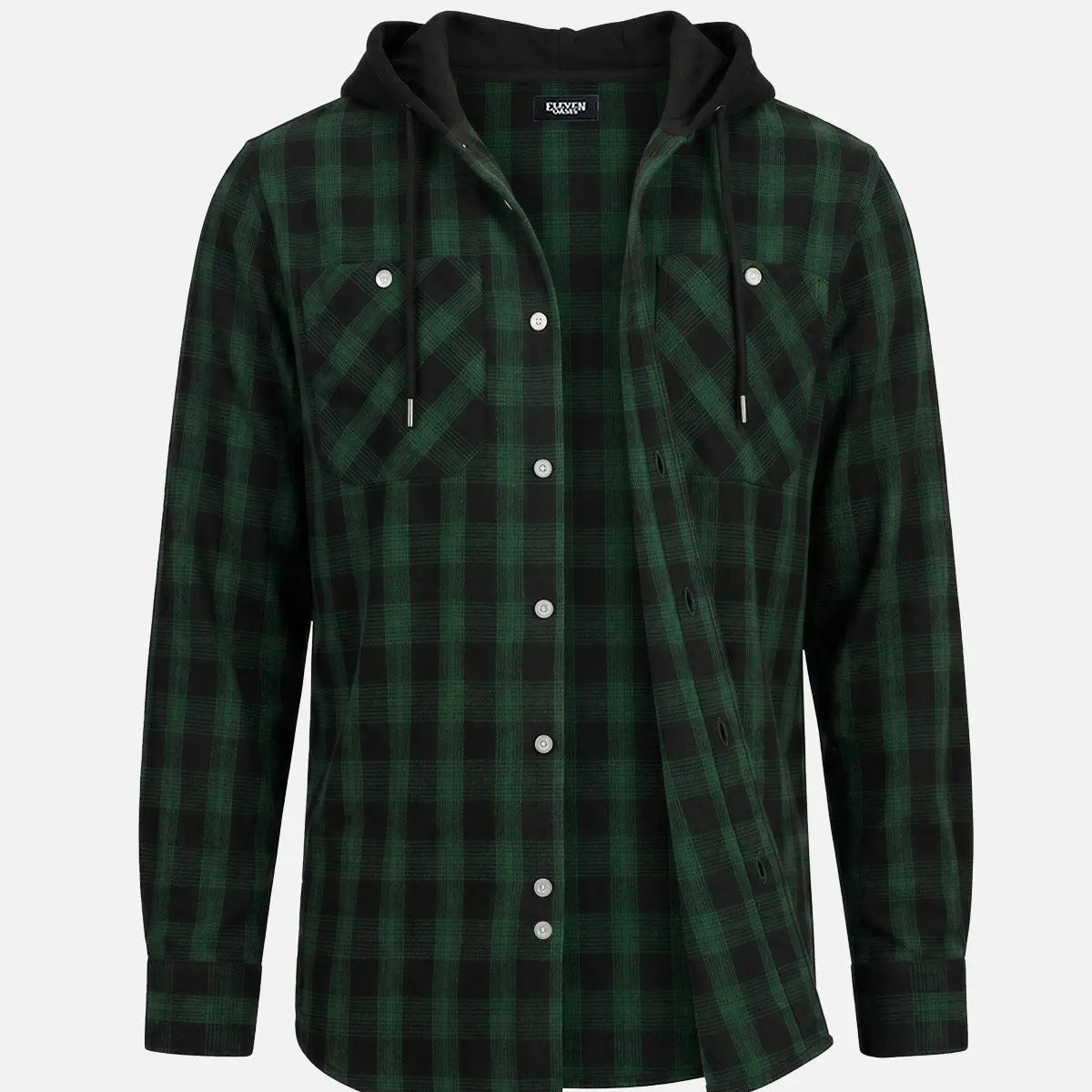 Men's Hooded Plaid Double Pocket Long Sleeve Shirt Eleven Oasis