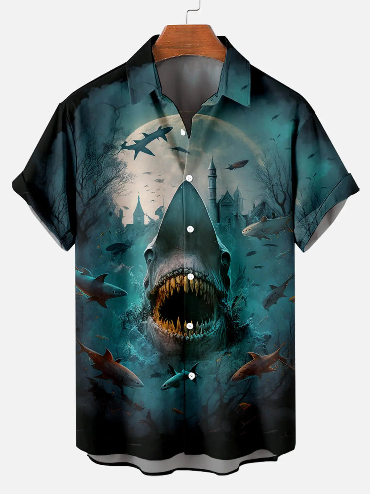 Halloween Scary Shark Illustration Men's Short Sleeve ShirtMens short sleeve shirts Big and tall Mens shirts Short sleeve shirts for men Mens 4xl shirts Casual short sleeve shirts