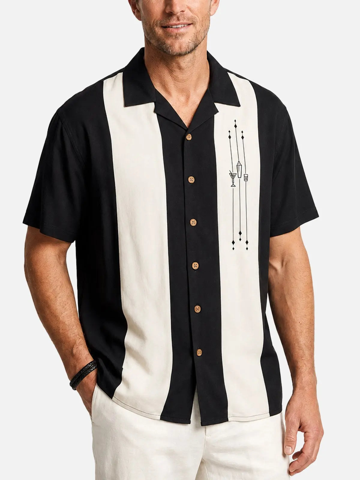 Men's Mid-Century Cocktail Panel Bowling Short Sleeve Shirt ElevenOasis