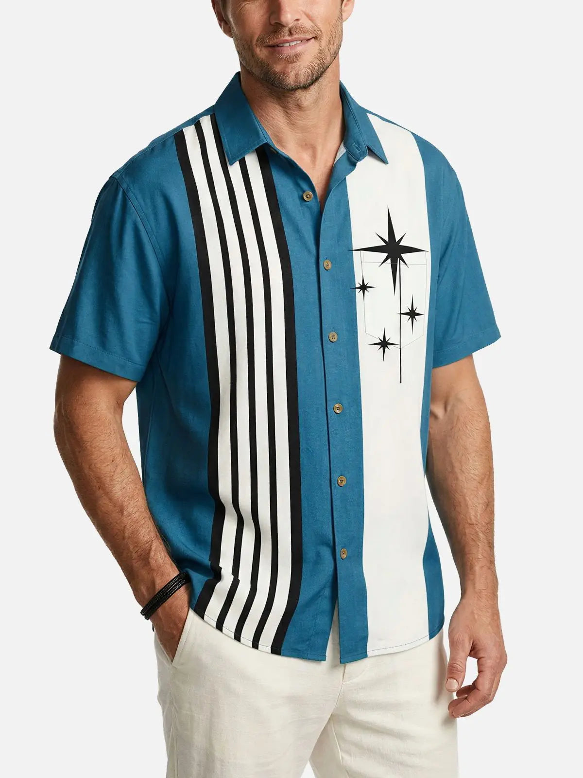 Men's Striped with Space-Age Stars Casual Short Sleeve Shirt ElevenOasis