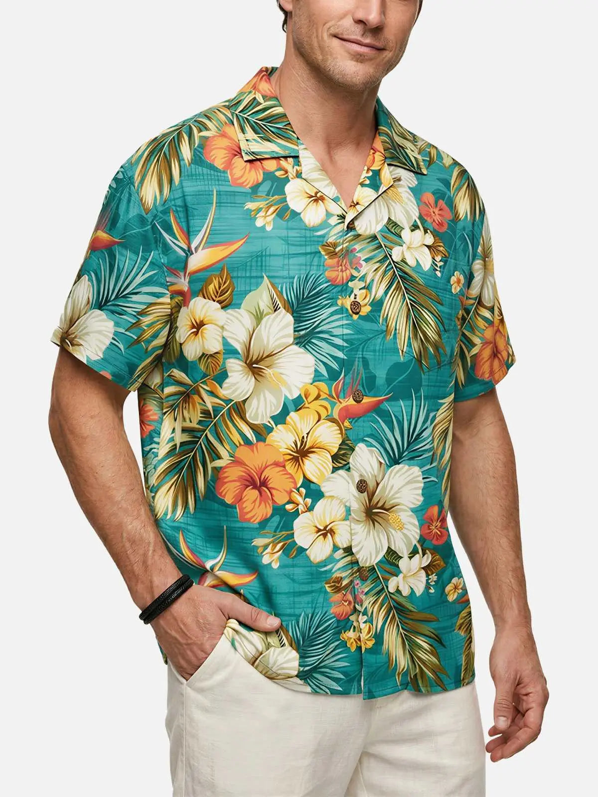 Men's Hibiscus and Bird of Paradise Short Sleeve Shirt ElevenOasis