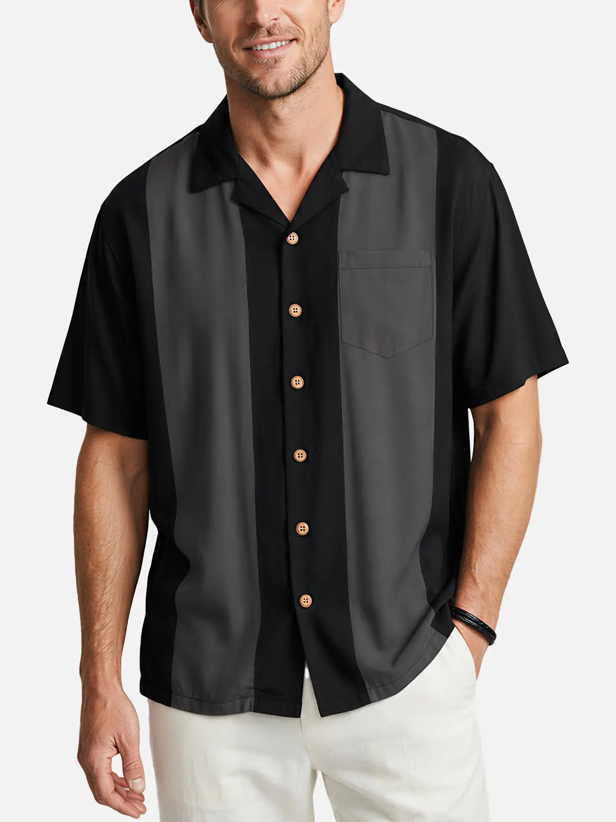 Men's Basic 50s Style Camp Collar Bowling Short Sleeve Shirt ElevenOasis