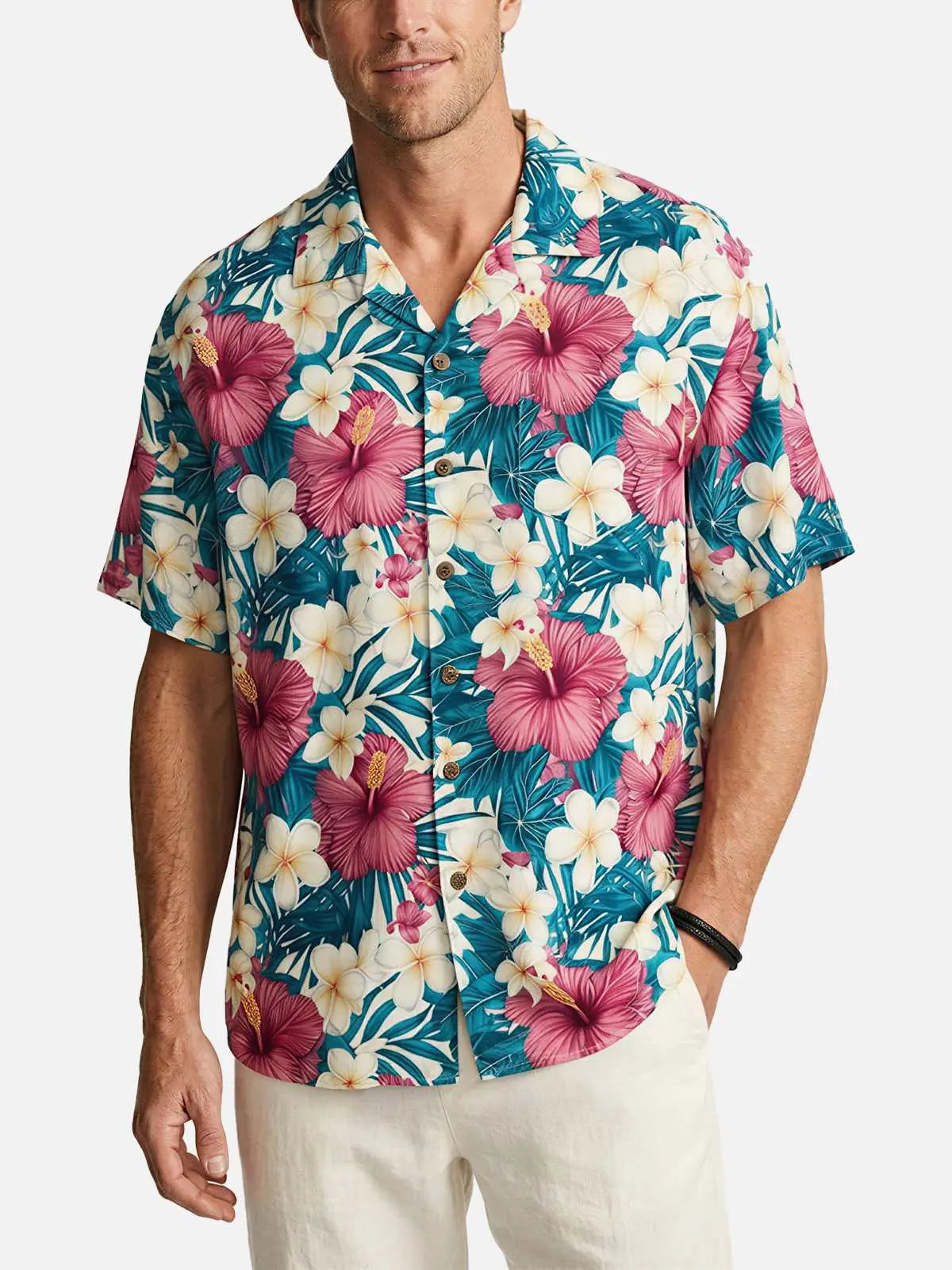 Men's Hibiscus and Plumeria Short Sleeve Shirt ElevenOasis