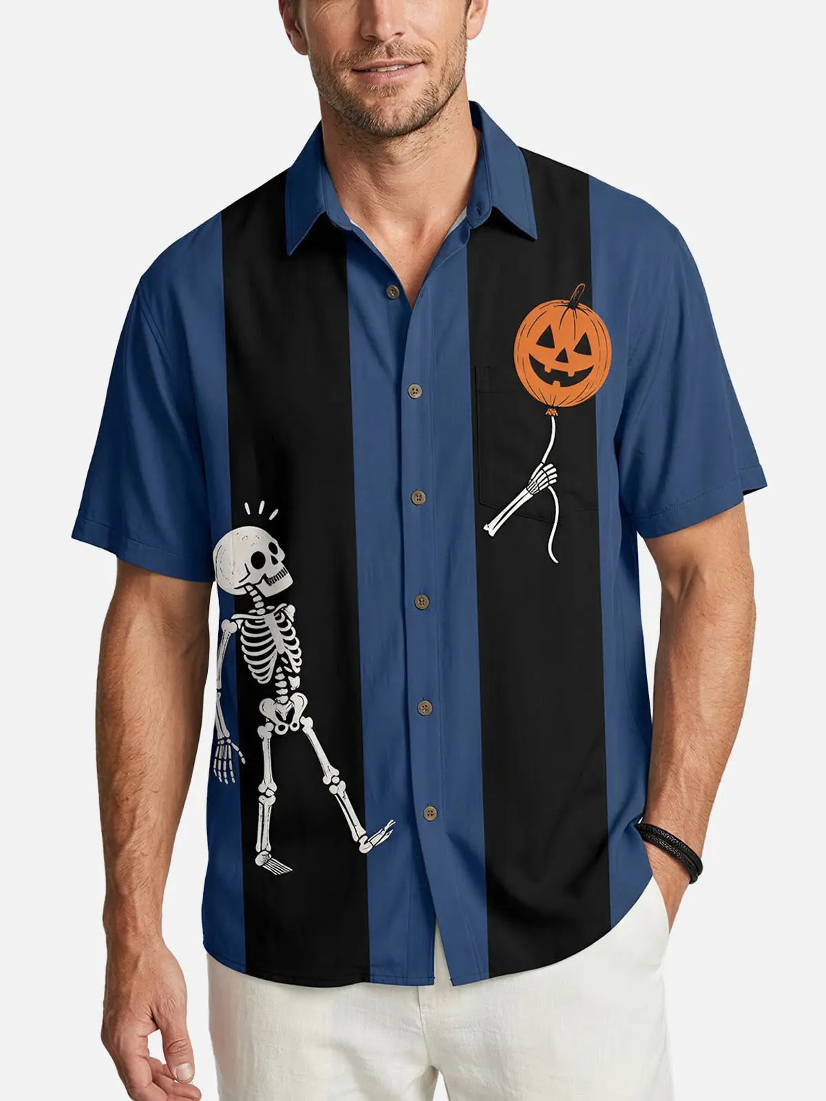 Men's Skeleton Pumpkin Bowling Short Sleeve Shirt Eleven Oasis