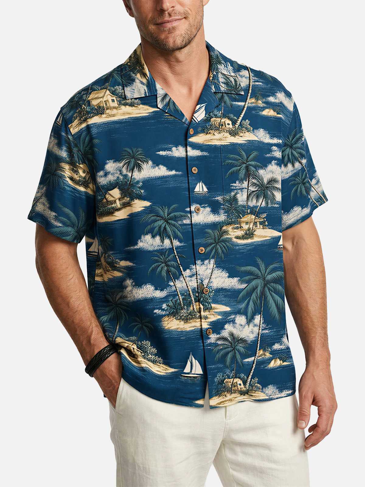Men's Tropical Island Sailboat Camp Collar Short Sleeve Shirt ElevenOasis