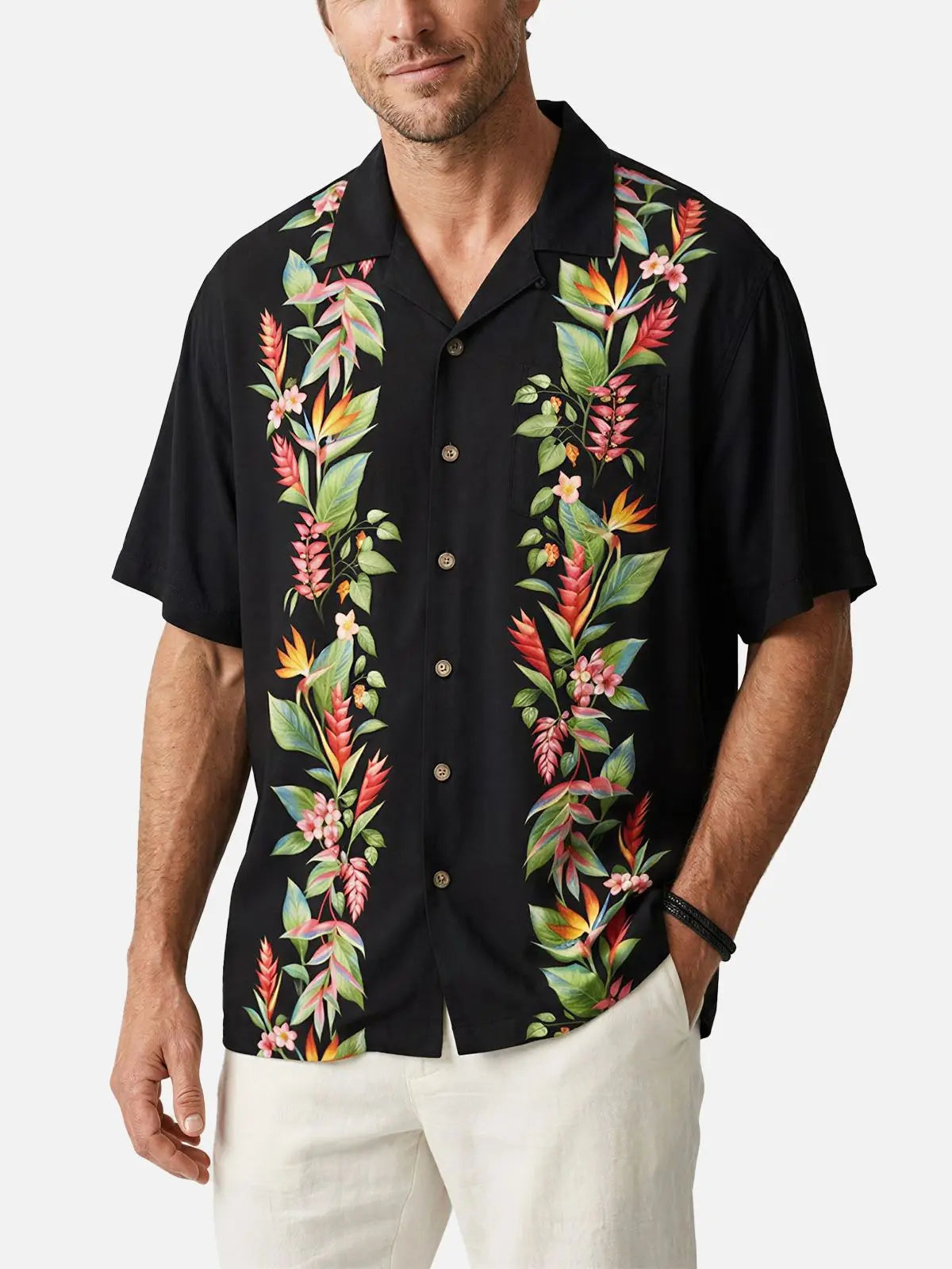 Men's Bird of Paradise Floral Panel Camp Collar Short Sleeve Shirt ElevenOasis