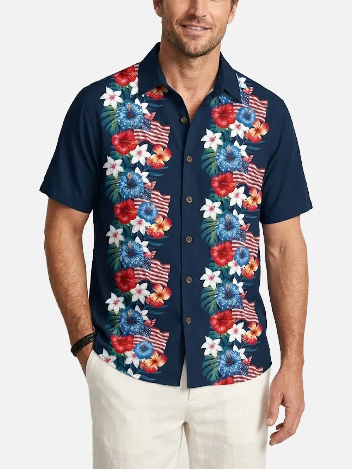 Men's Patriotic Tropical Floral Short Sleeve Shirt Eleven Oasis