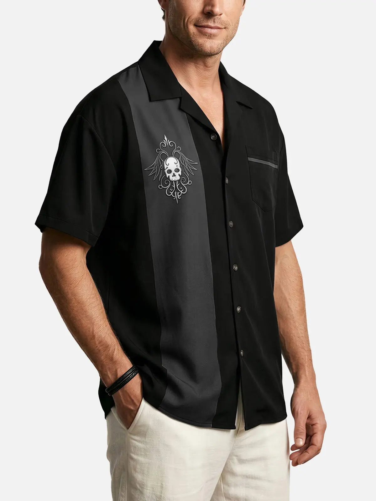 Men's Rockabilly Skull Button Down Halloween Short Sleeve Shirt ElevenOasis