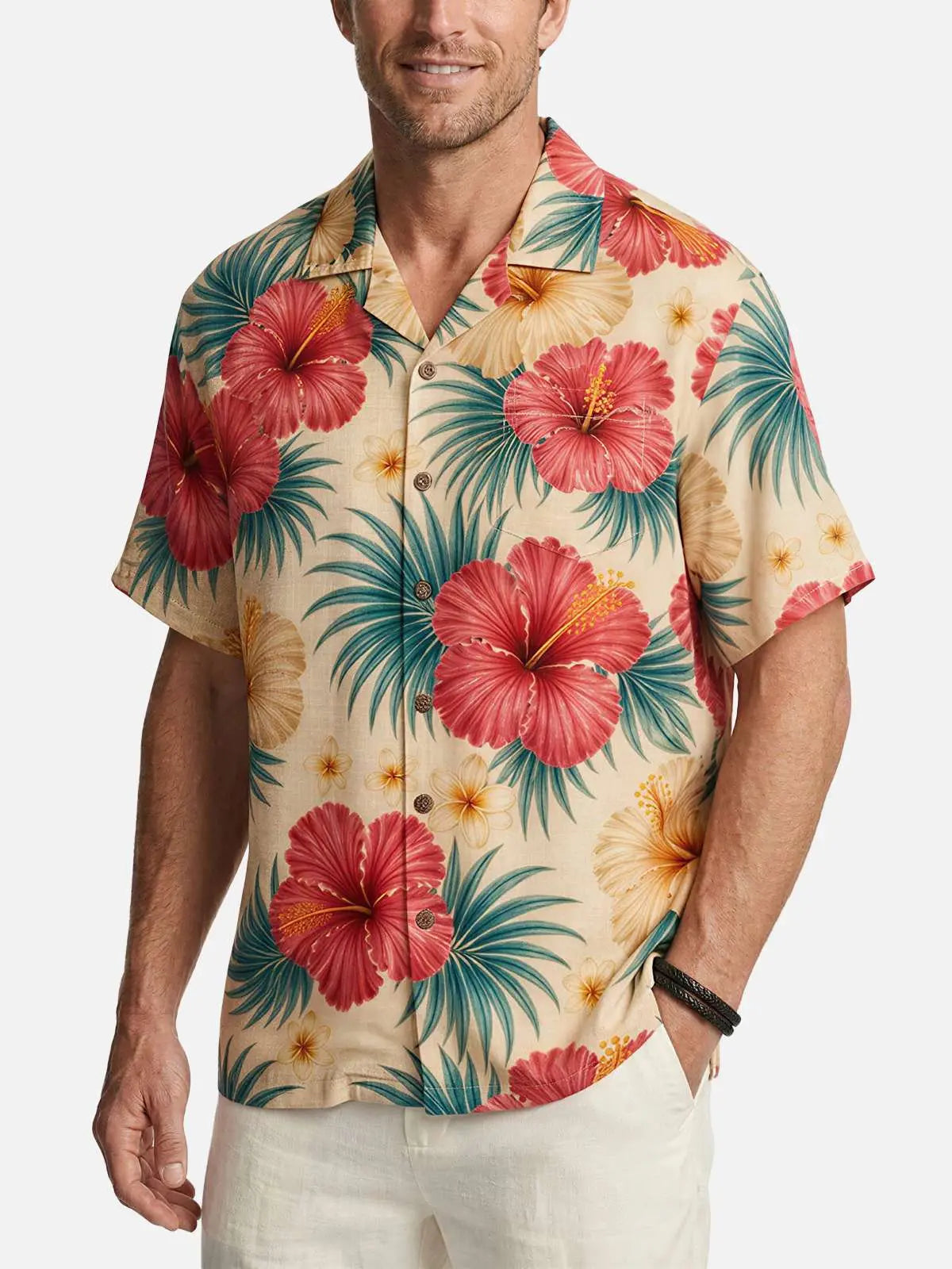 Men's Hibiscus Palm Camp Collar Short Sleeve Shirt ElevenOasis