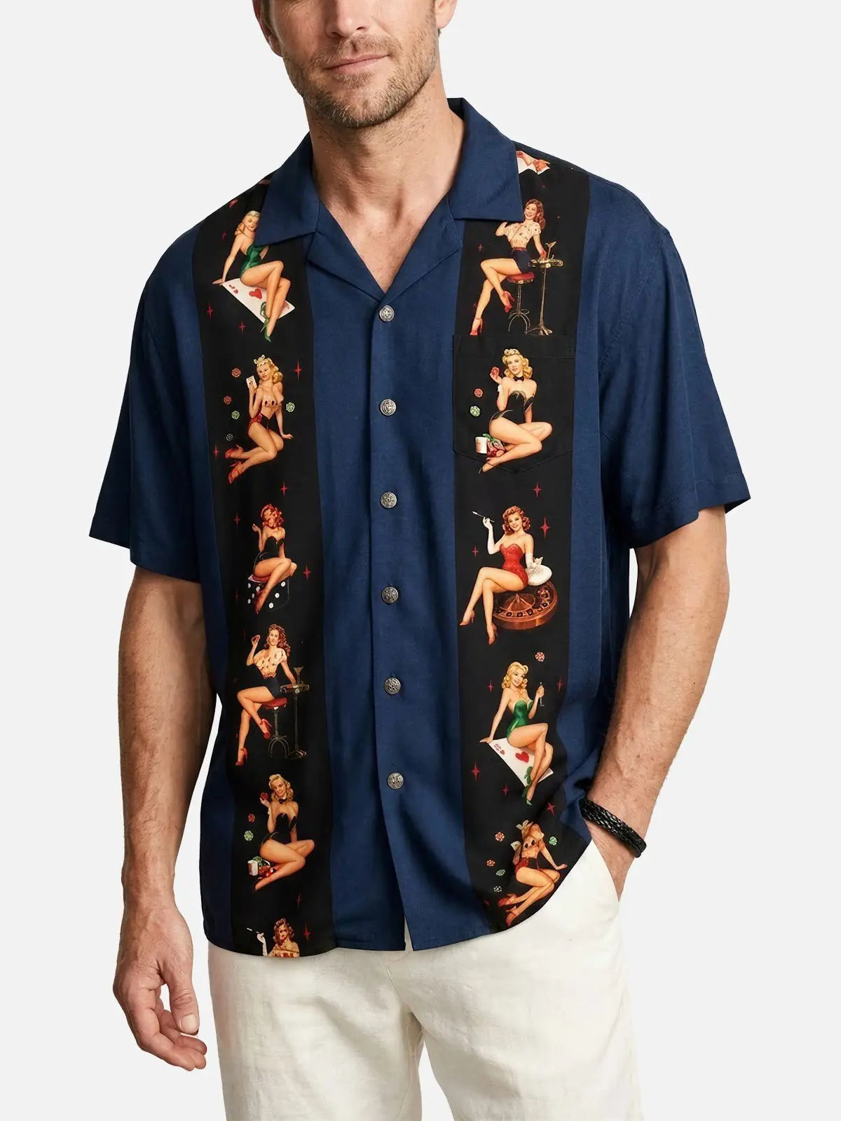 Men's Pin-Up Poker Night Bowling Short Sleeve Shirt ElevenOasis